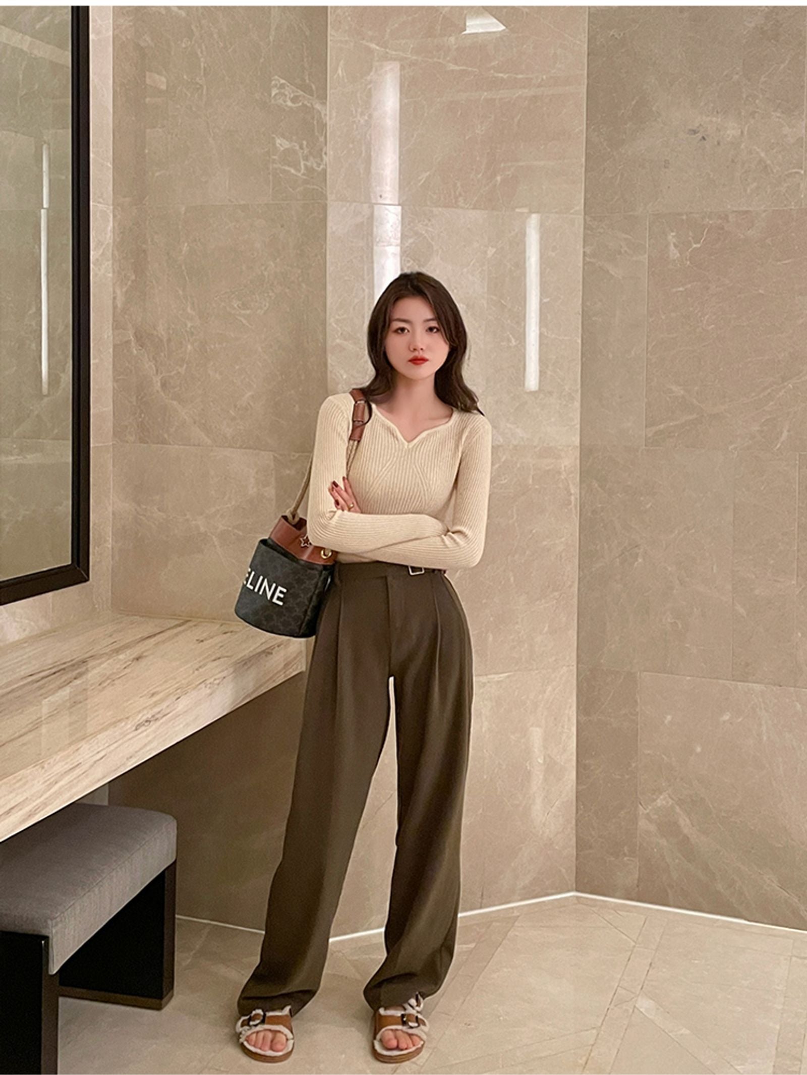 Chic V-Neck Knitted Ribbed Sweater for Women