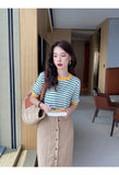 Women's Summer Stripe Knitted Round Collar T-Shirt