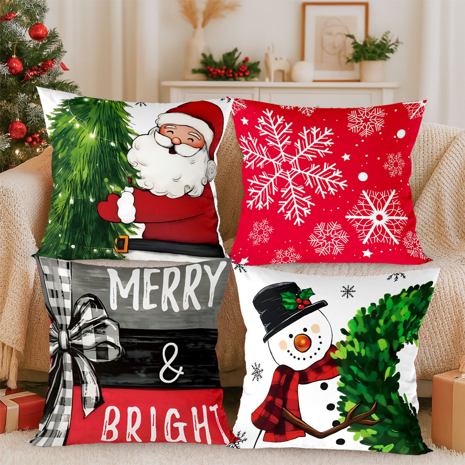 4pcs Merry Christmas Cushion Covers for Home Decoration