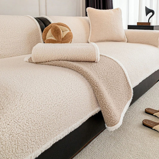 Warm Solid Sherpa Fleece Sofa Cover with Non-Slip Binding