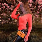 Orange Neon Long Sleeve Bodycon Bodysuit for Women