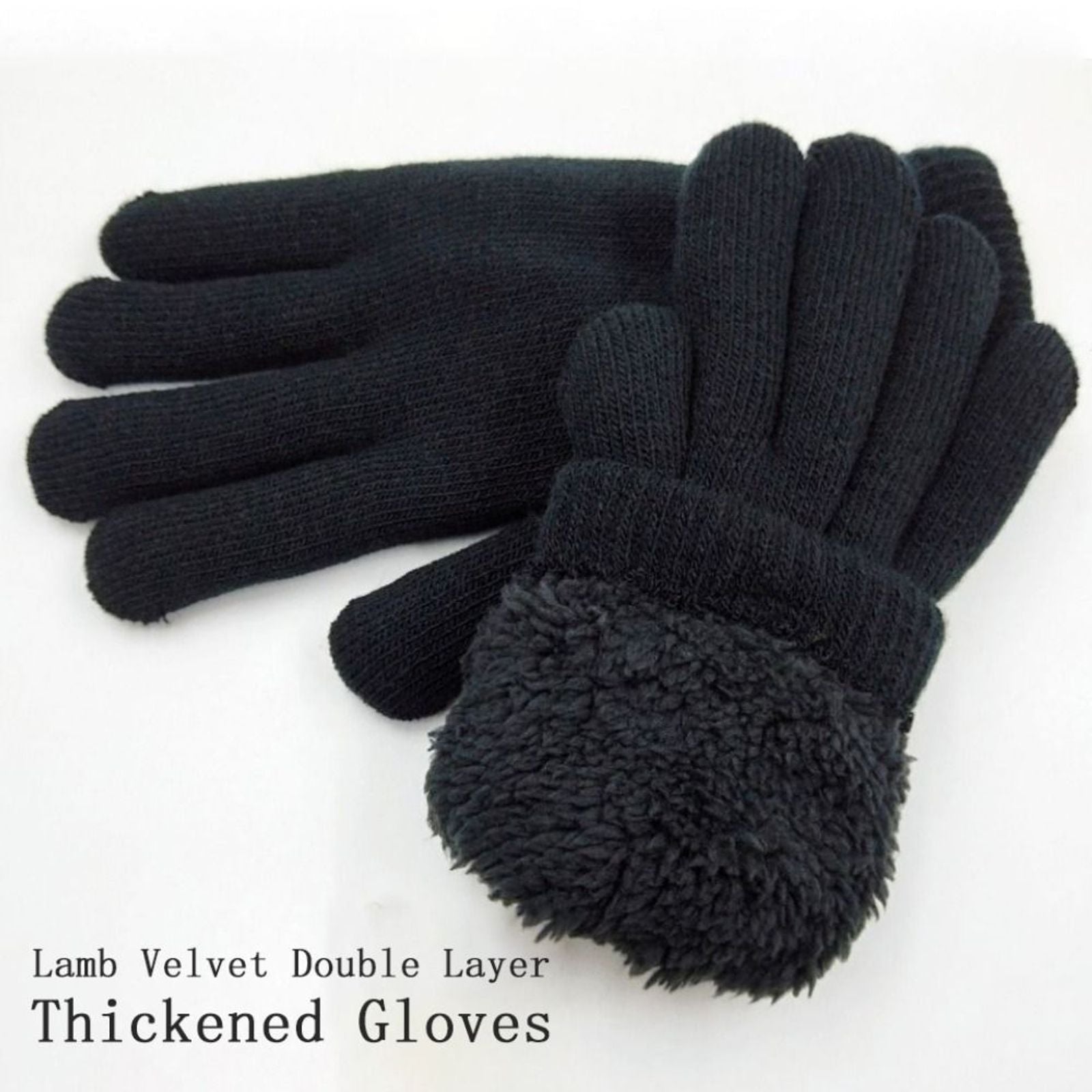 Black Thickened Double Layer Lamb Velvet Winter Gloves
