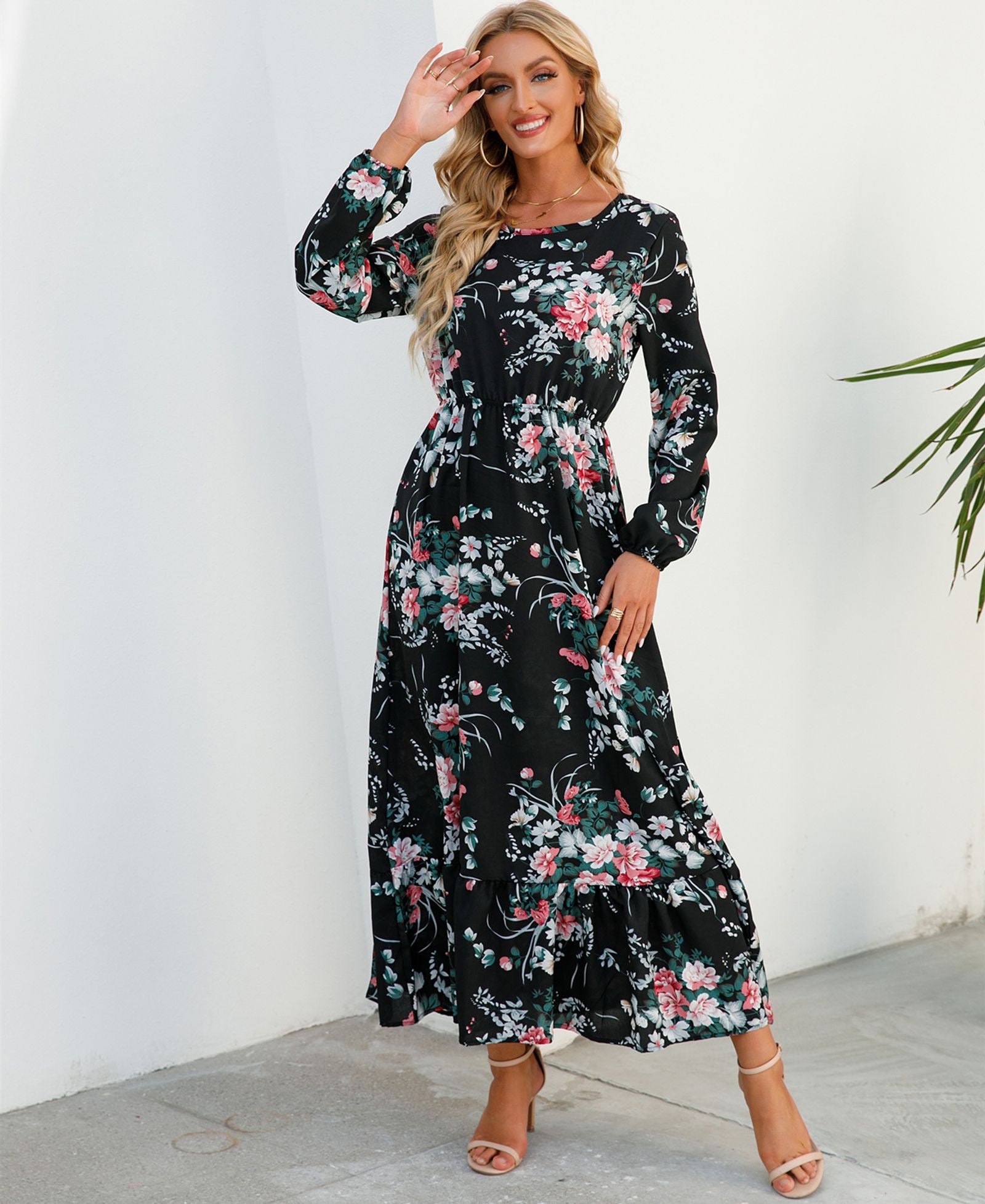 Women’s Bohemian Floral Maxi Dress with Full Sleeves