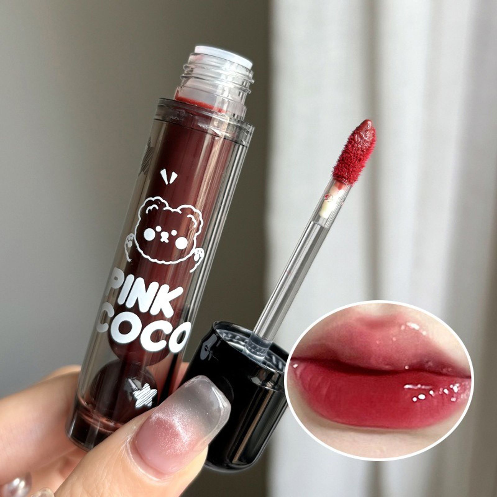 PINKCOCO Bear Doodle Mirror Lip Glaze - Long-Lasting Gloss
