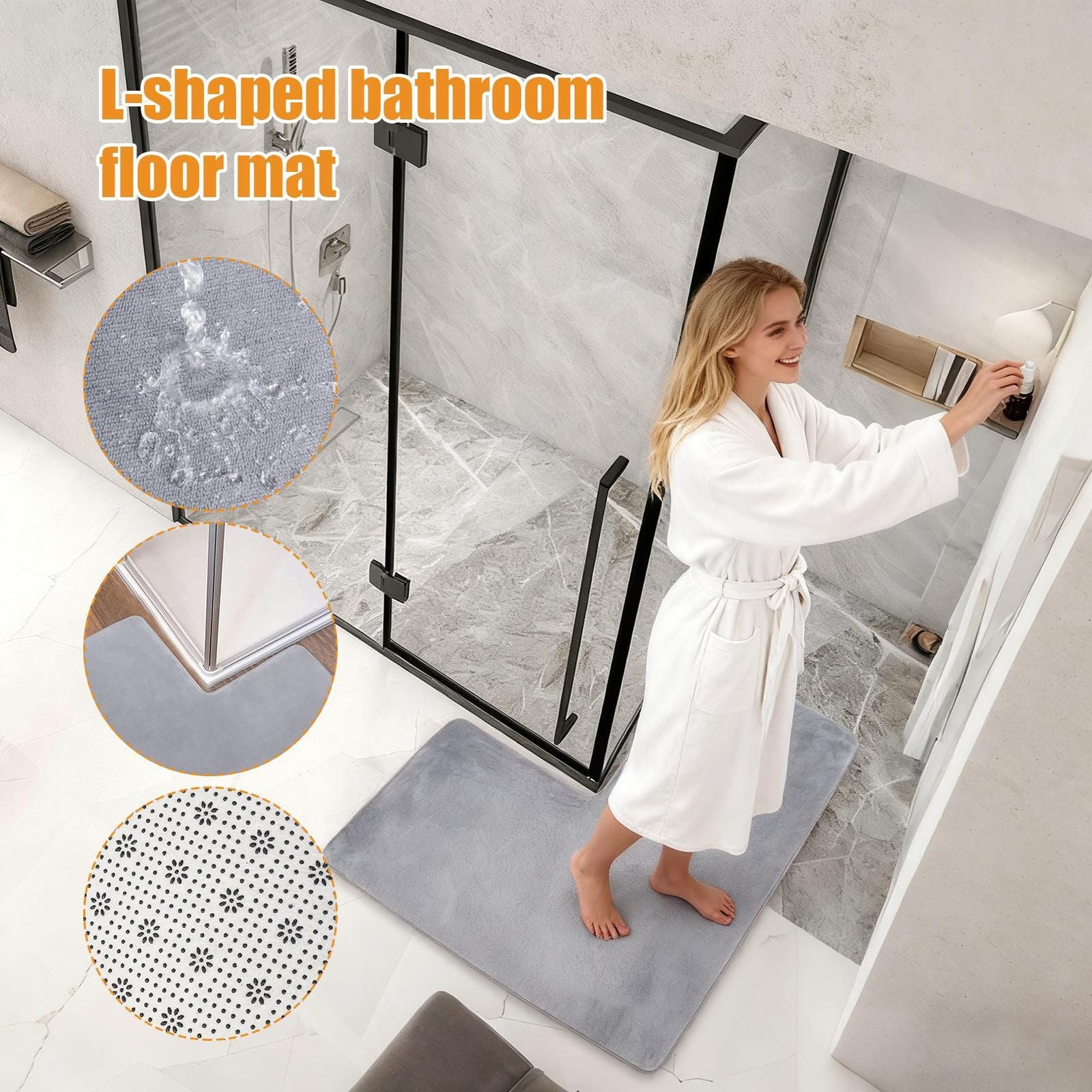 Non-Slip L-Shaped Bath Mat - Soft Absorbent Quick Dry Rug