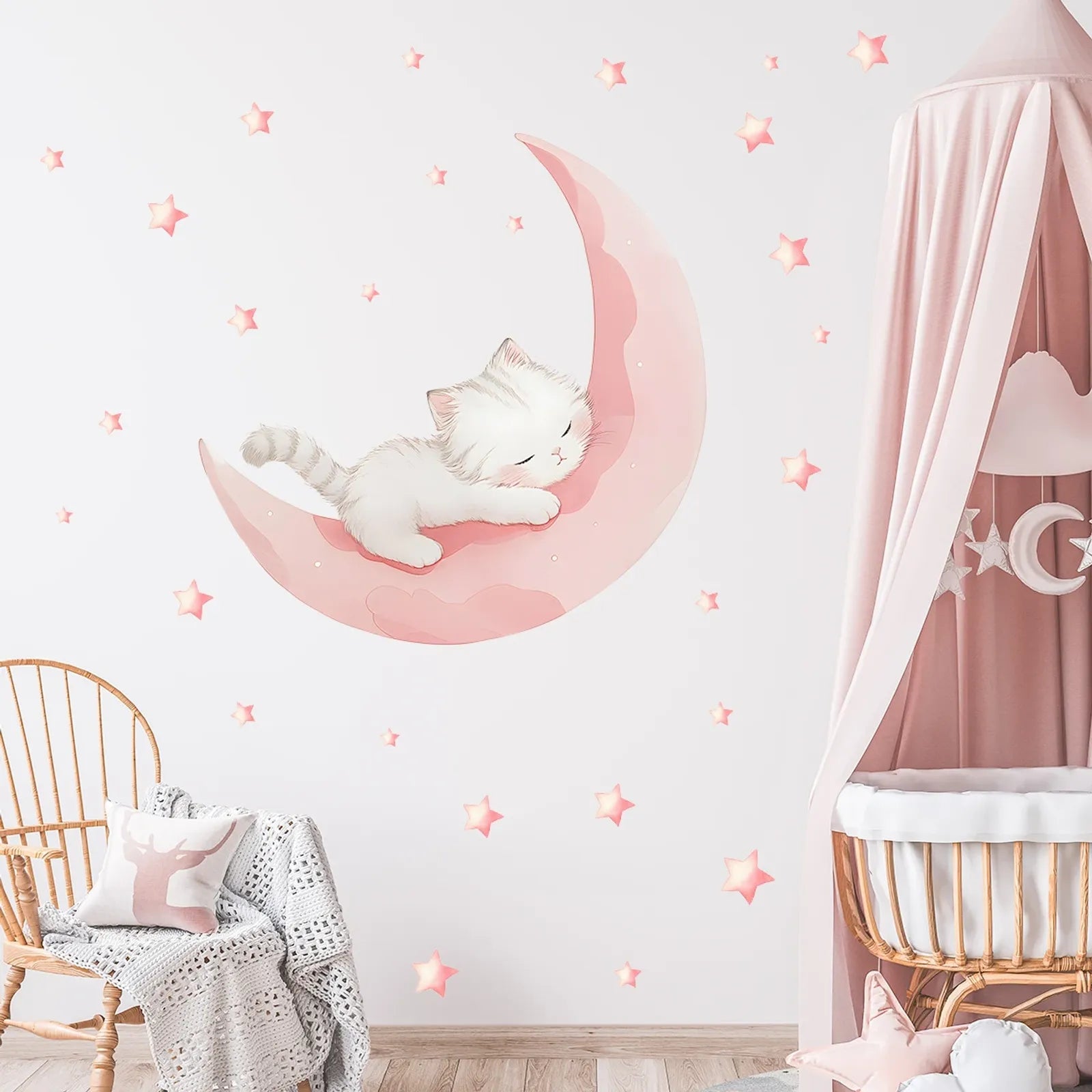 Cute Cat Pink Moon Wall Stickers for Kids' Rooms