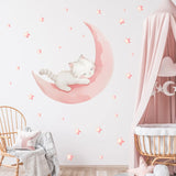 Cute Cat Pink Moon Wall Stickers for Kids' Rooms