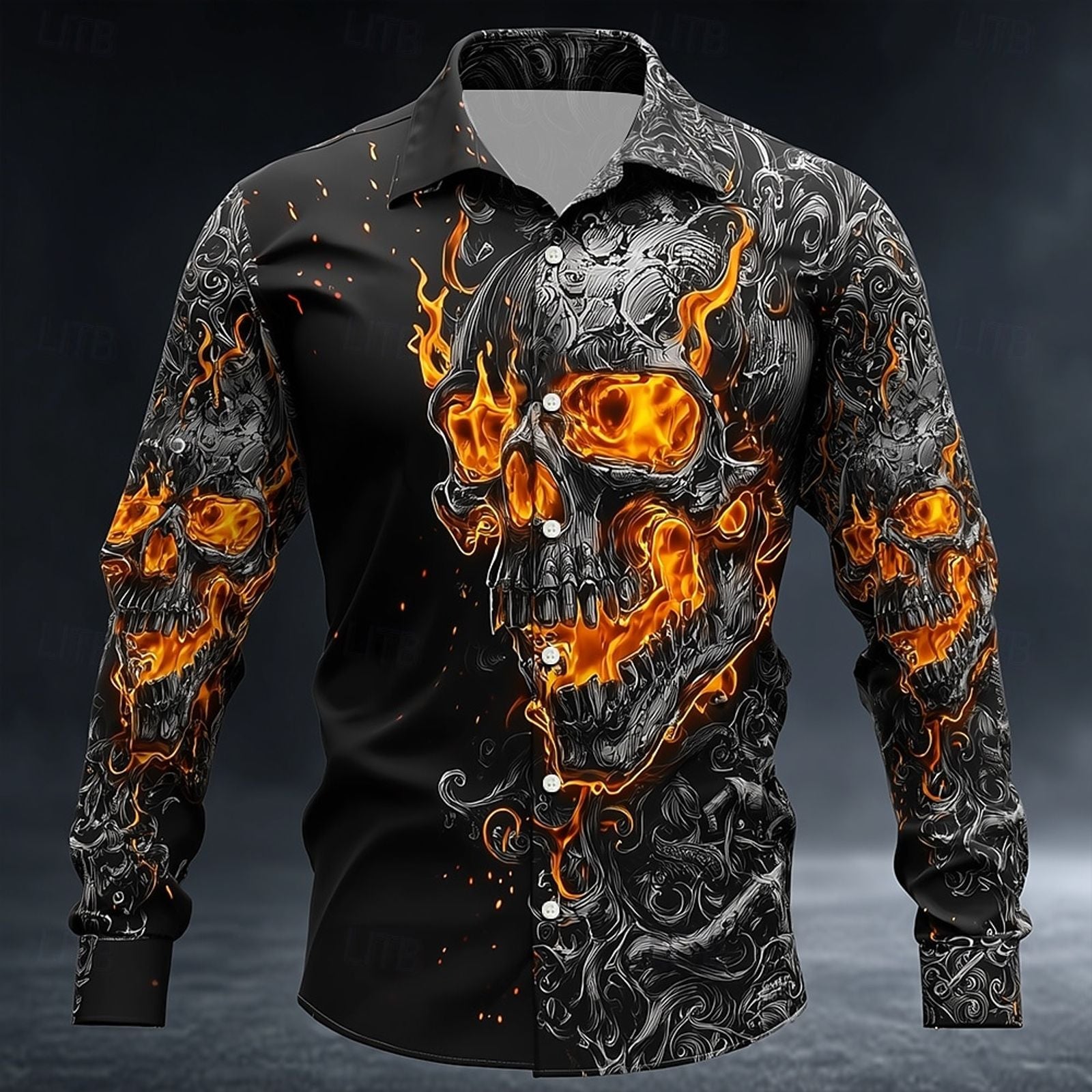 Men's Skull Flame Button-Up Shirt - Gothic Style