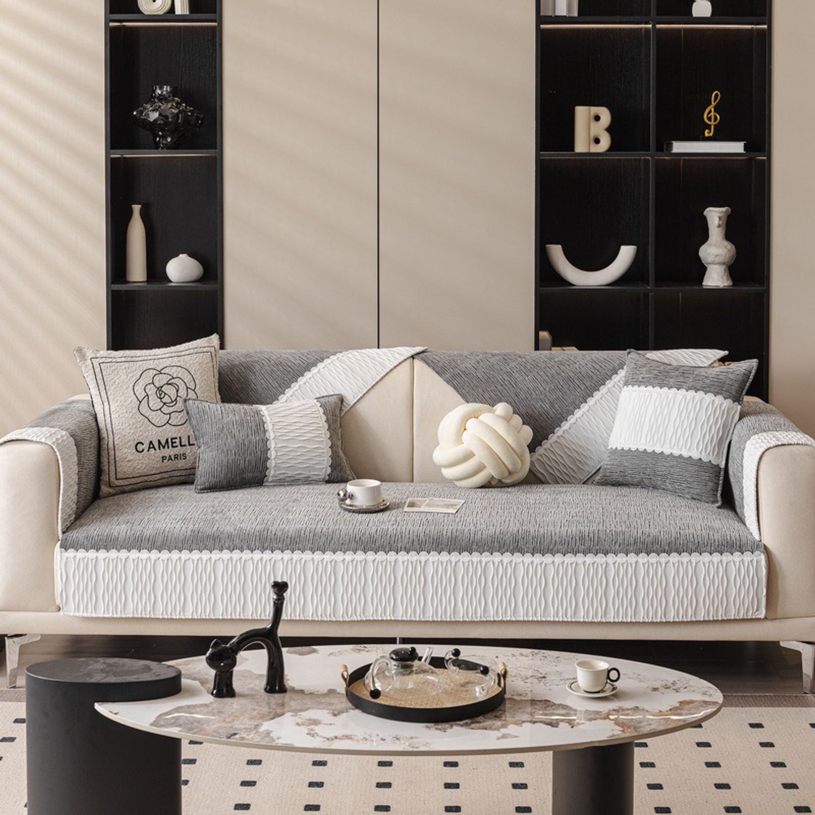 Solid Chenille Sofa Cover with Delicate Lace Decor