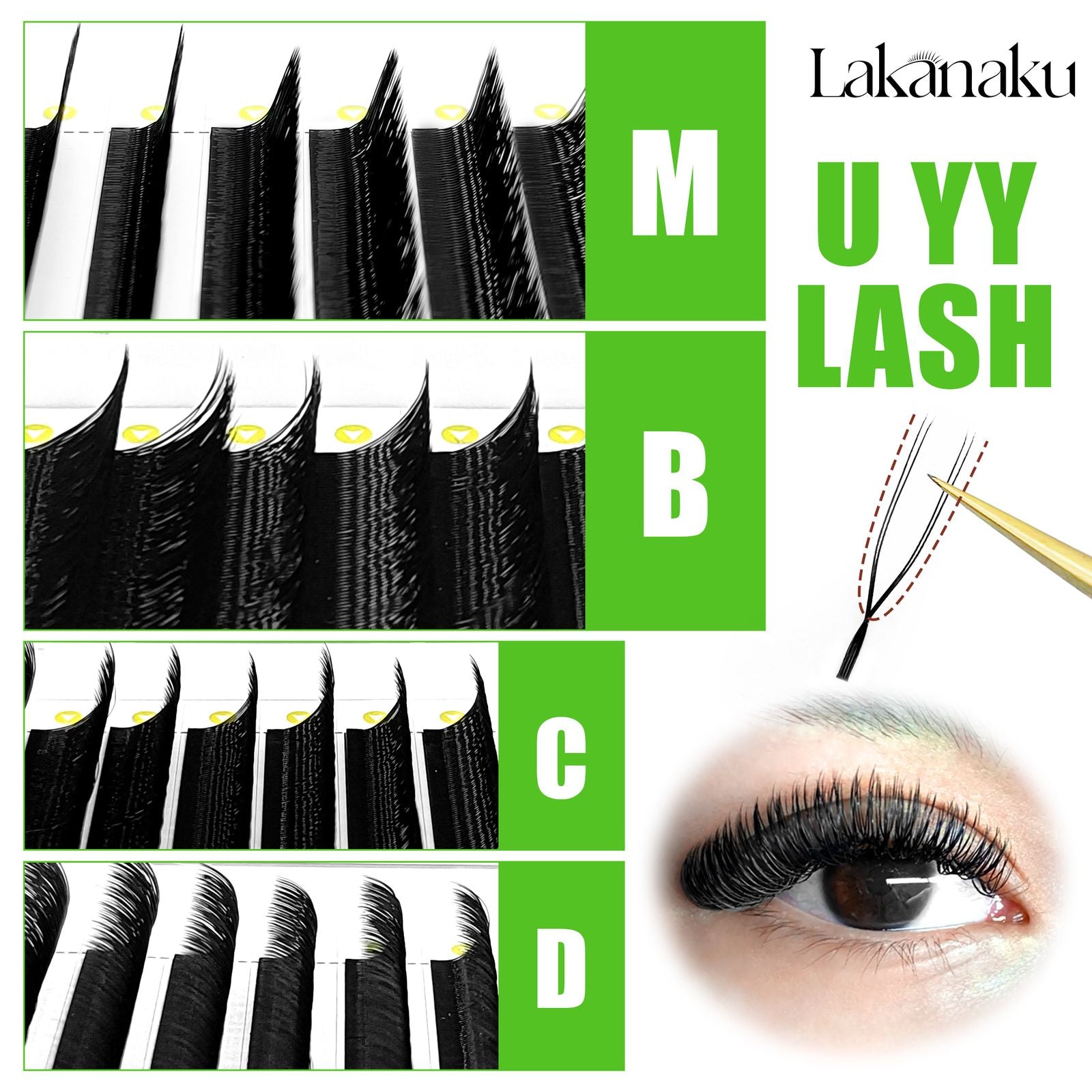Lakanaku 2D Eyelash Extensions - U YY Fiber Double Tips