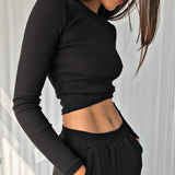 Women’s Ribbed O Neck Long Sleeve Cropped Top