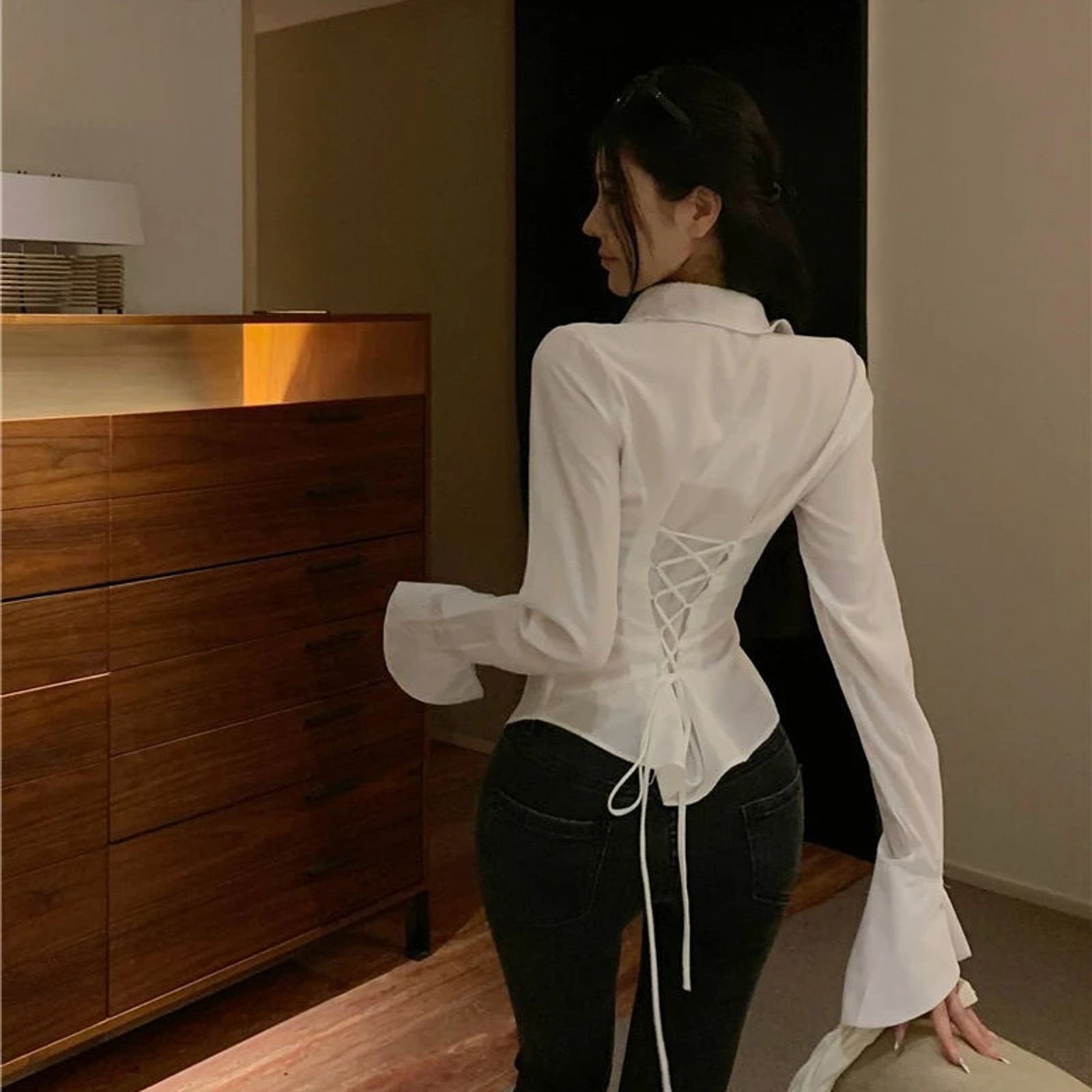 Korean Style Women’s Bell Sleeve Bandage Shirt