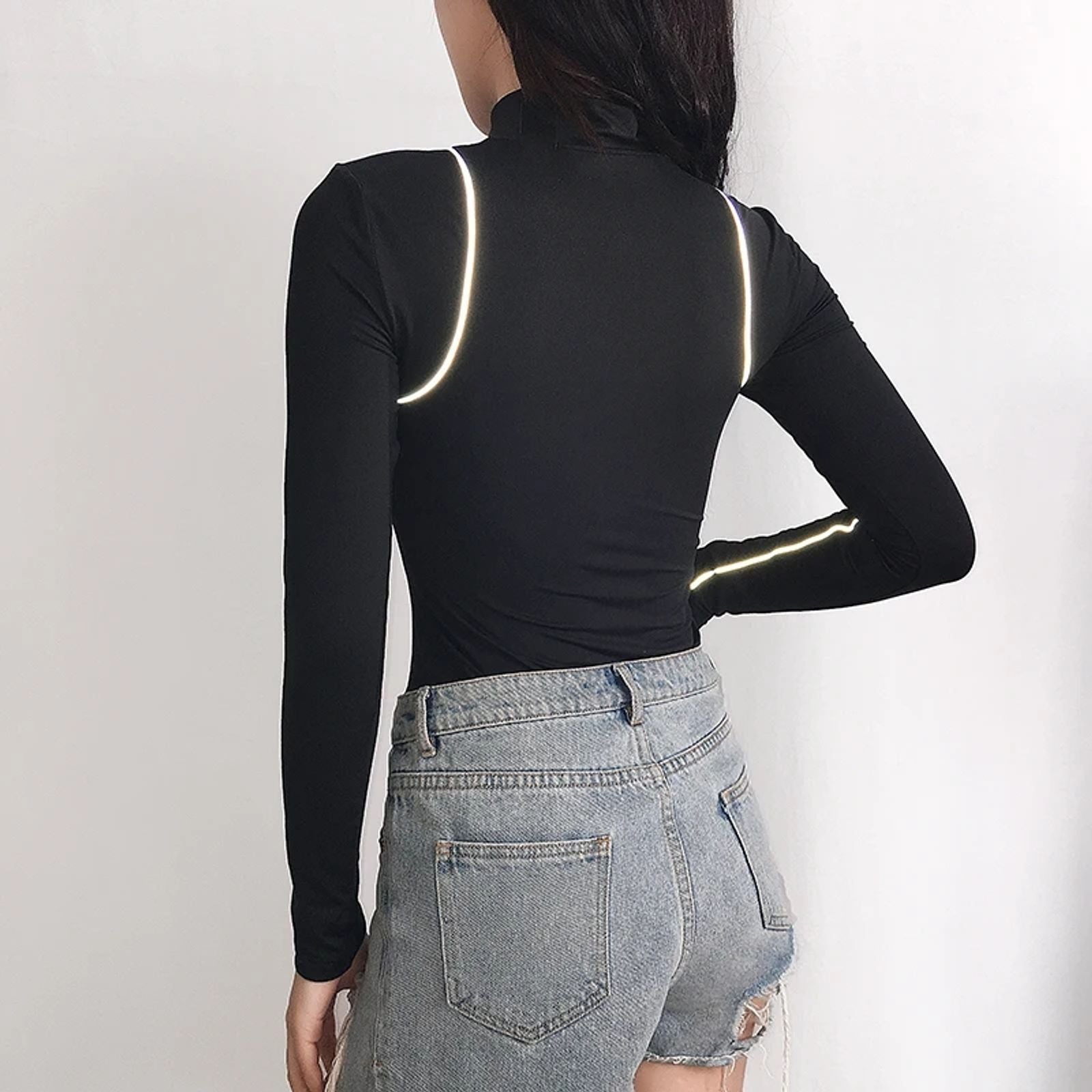 Women's High-Neck Reflective Zipper Long Sleeve Bodysuit