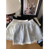 Grey Lace Trim High Waist Casual Shorts for Women