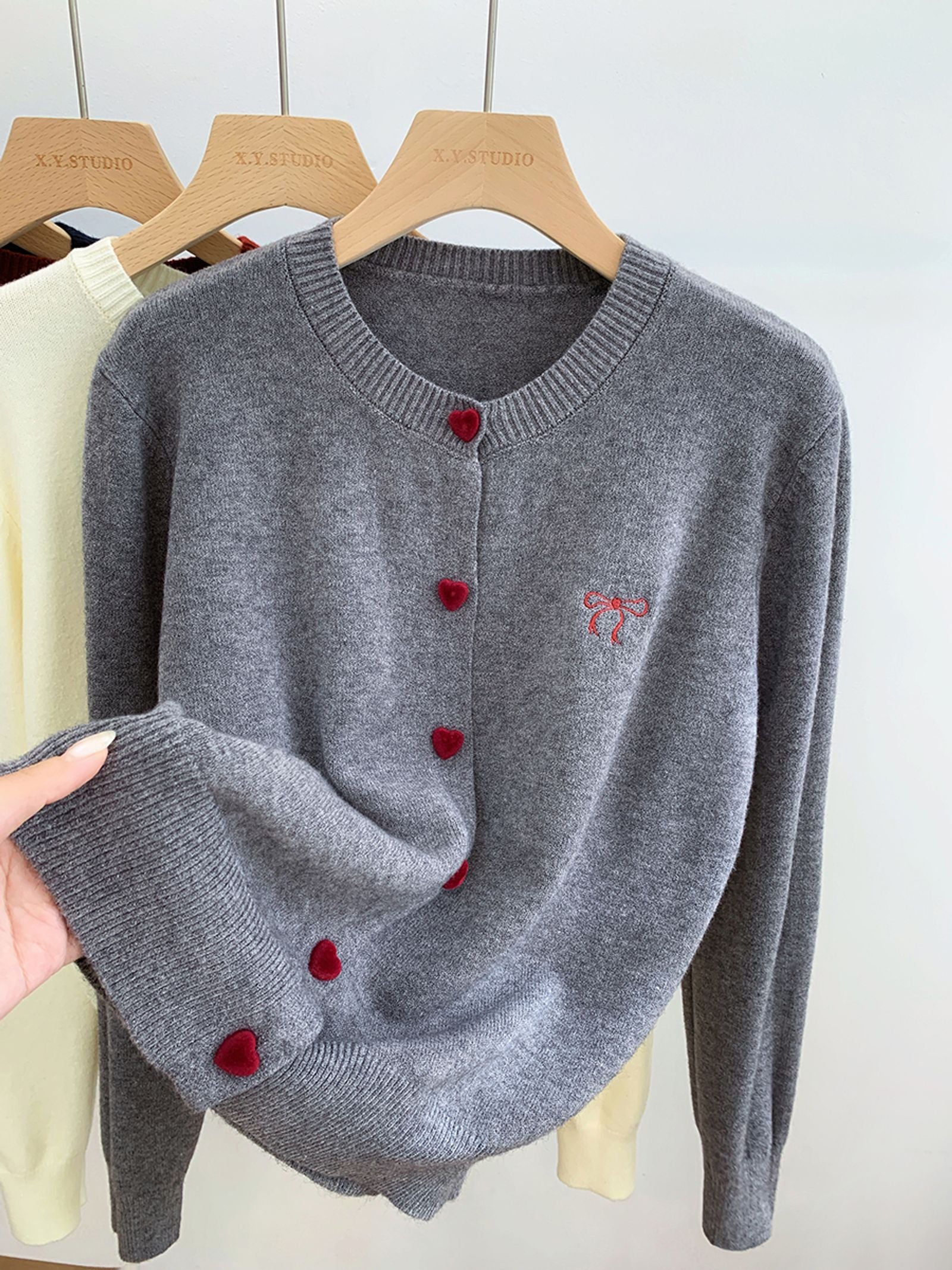 Women's O-Neck Heart Button Sweater Cardigan with Bow Embroidery