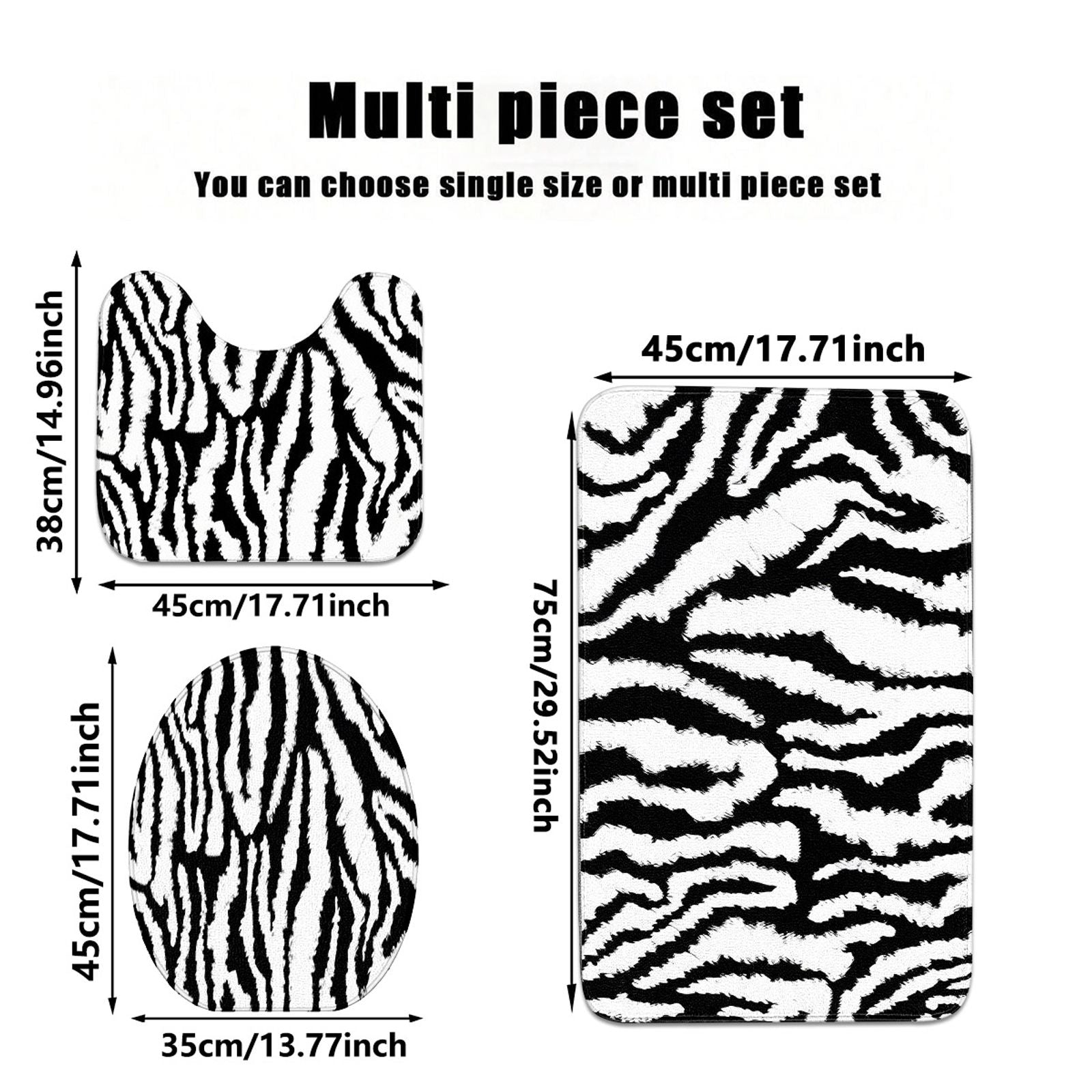 Zebra Print Bath Mat - Plush Non-Slip Toilet & U-Shaped Mat