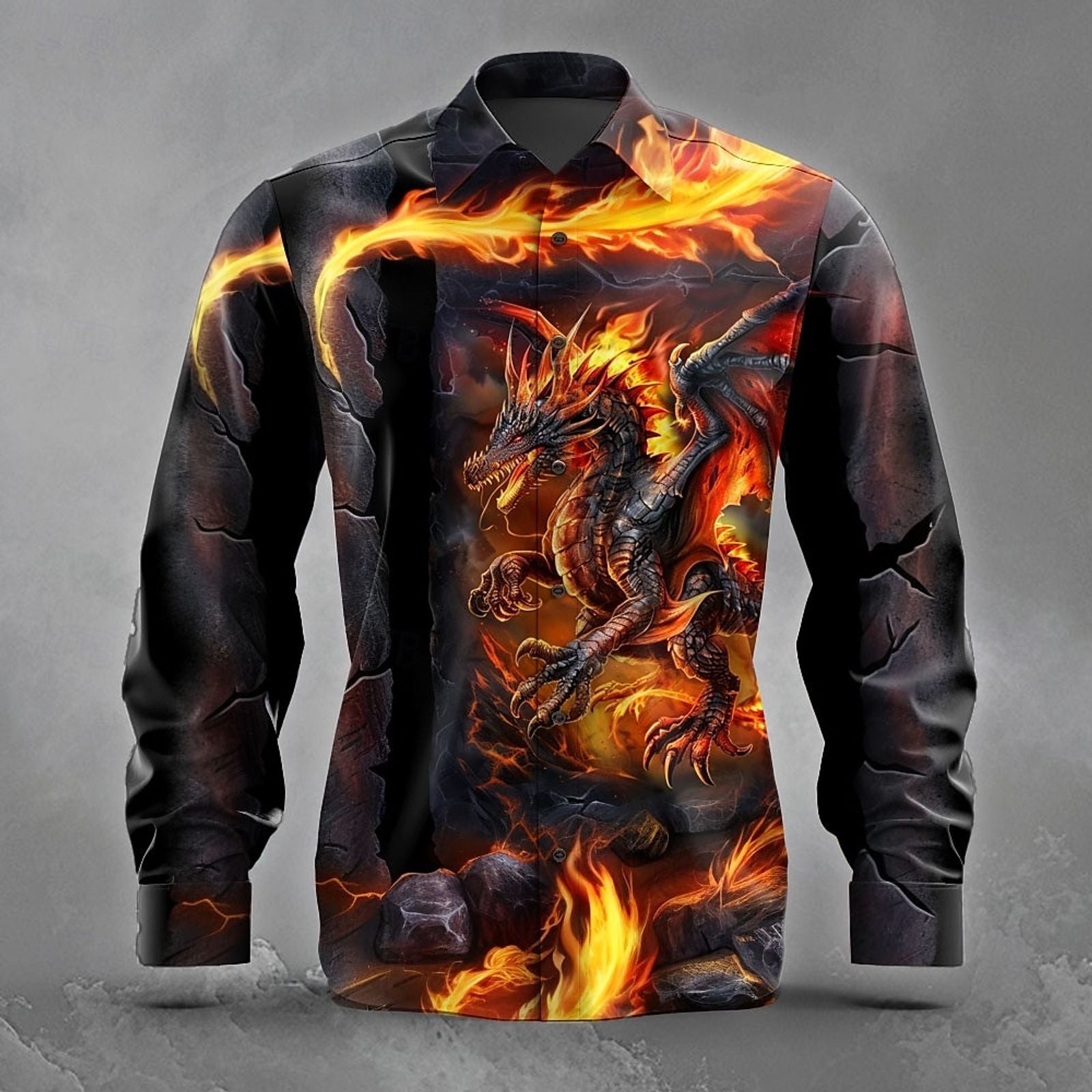Men's Vintage Dragon Print Long Sleeve Button Up Shirt