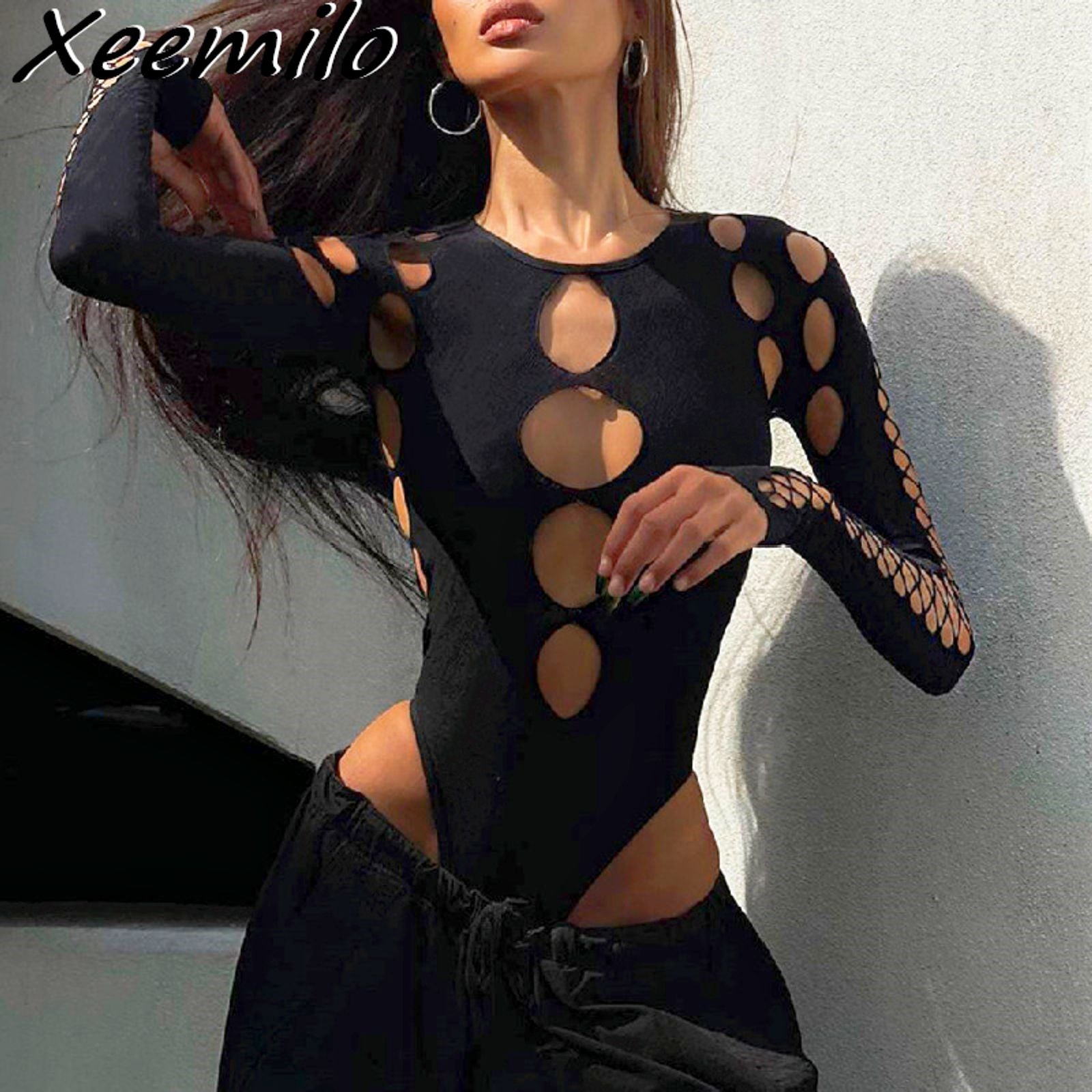 Xeemilo Dot Hollow Out Long Sleeve Bodysuit