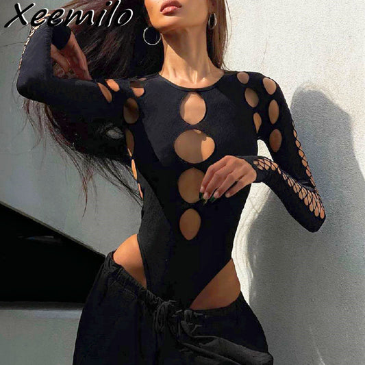 Xeemilo Dot Hollow Out Long Sleeve Bodysuit