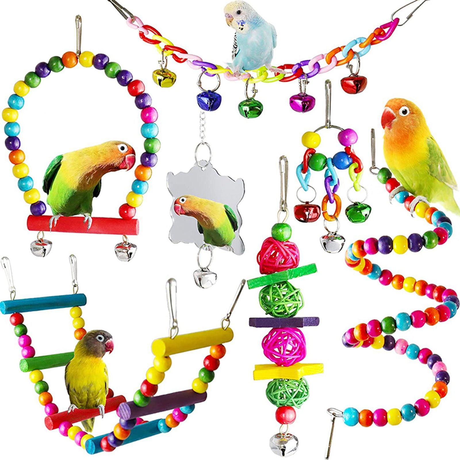 7pcs Wooden Parrot Toys set for Bird Cages