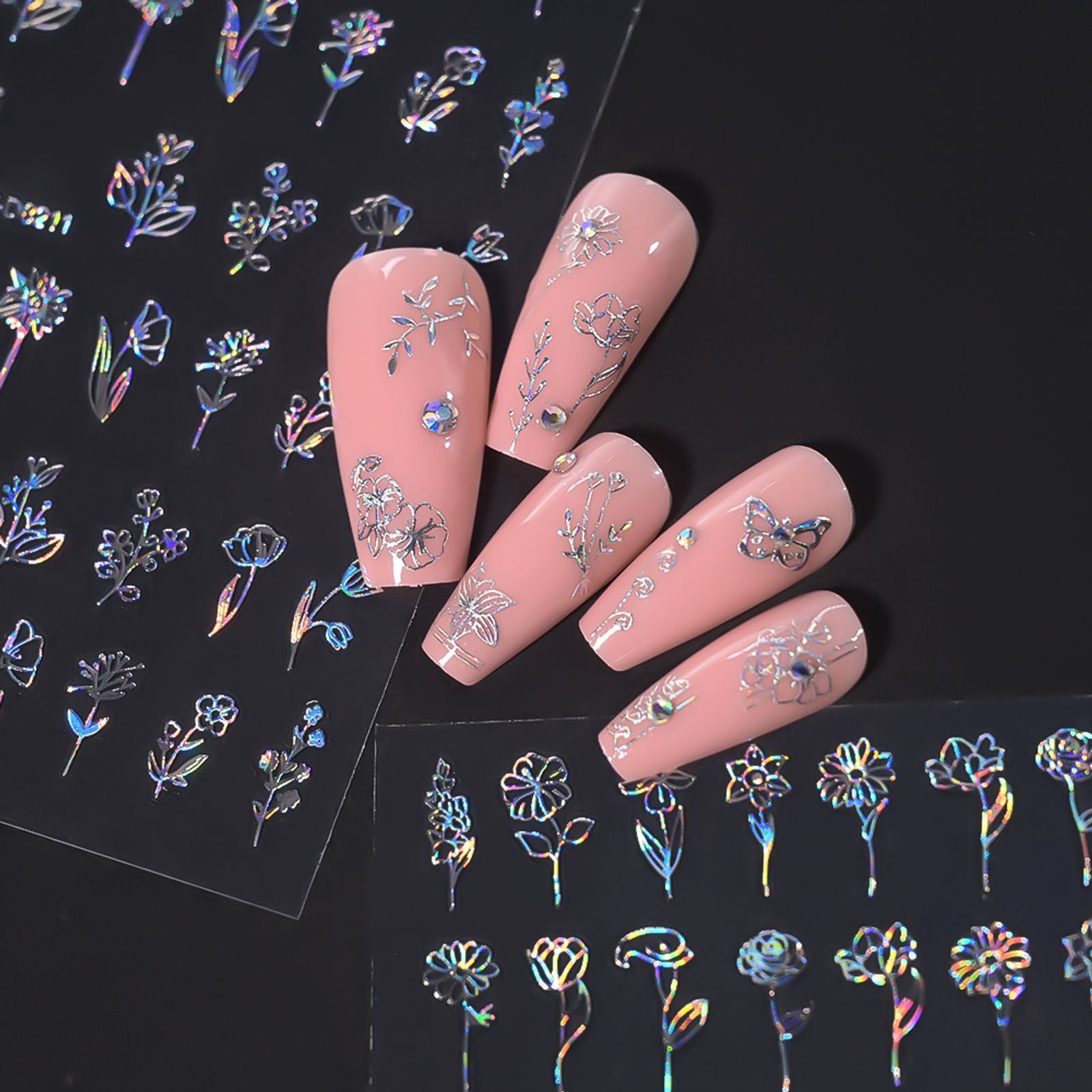12pcs Self-Adhesive Laser Flower and Leaf Nail Art Stickers