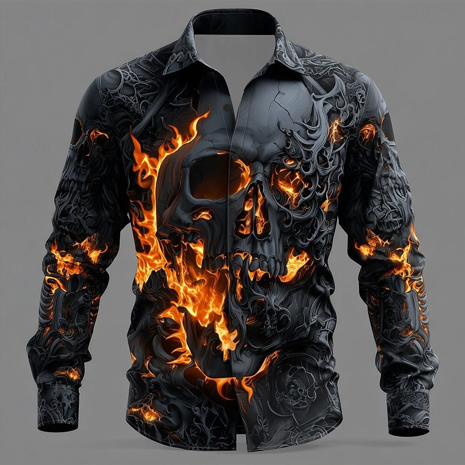 Men's Skull Flame Button-Up Shirt - Gothic Style