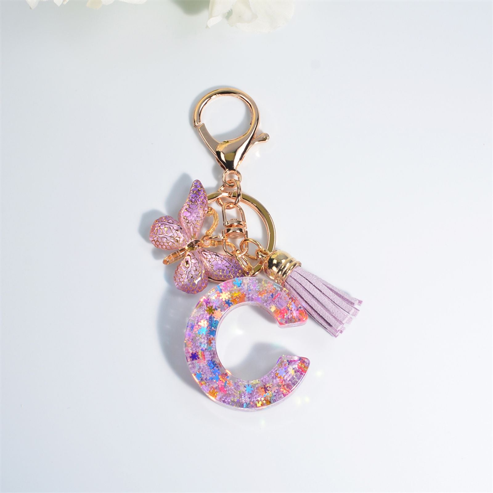 Dreamy Sequin Initial Keychain with Butterfly Pendant