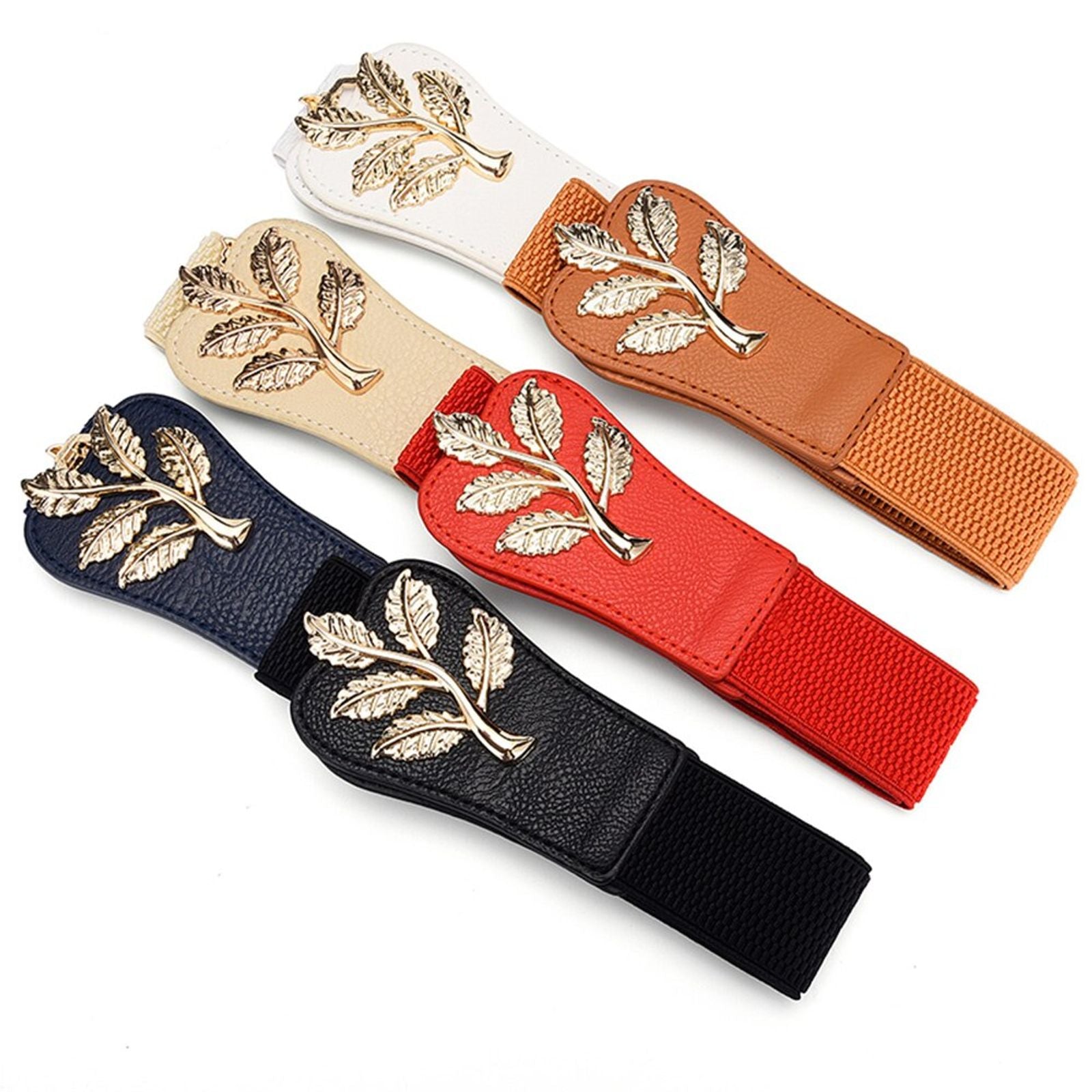 Women's Gold Leaf Elastic Wide Belt with Double Hook Closure