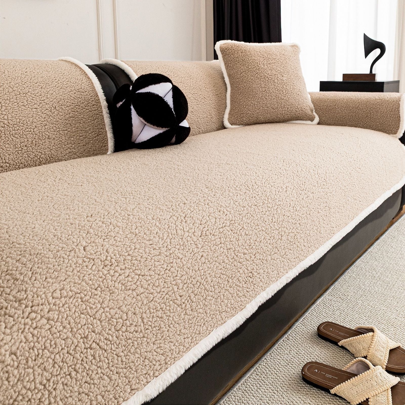 Warm Solid Sherpa Fleece Sofa Cover with Non-Slip Binding