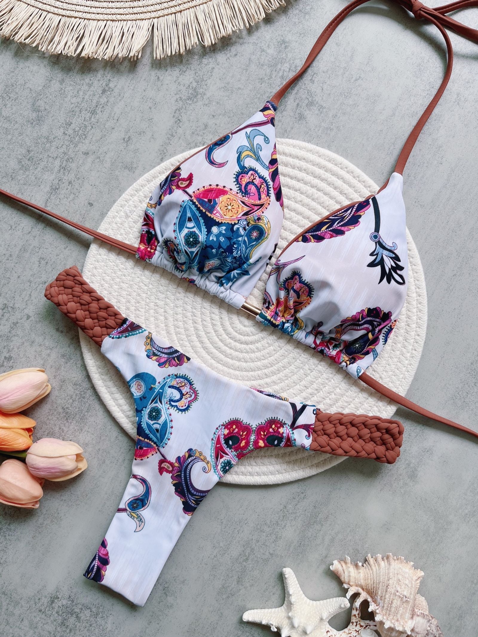 Print Halter Mini Thong High Cut Bikini Set