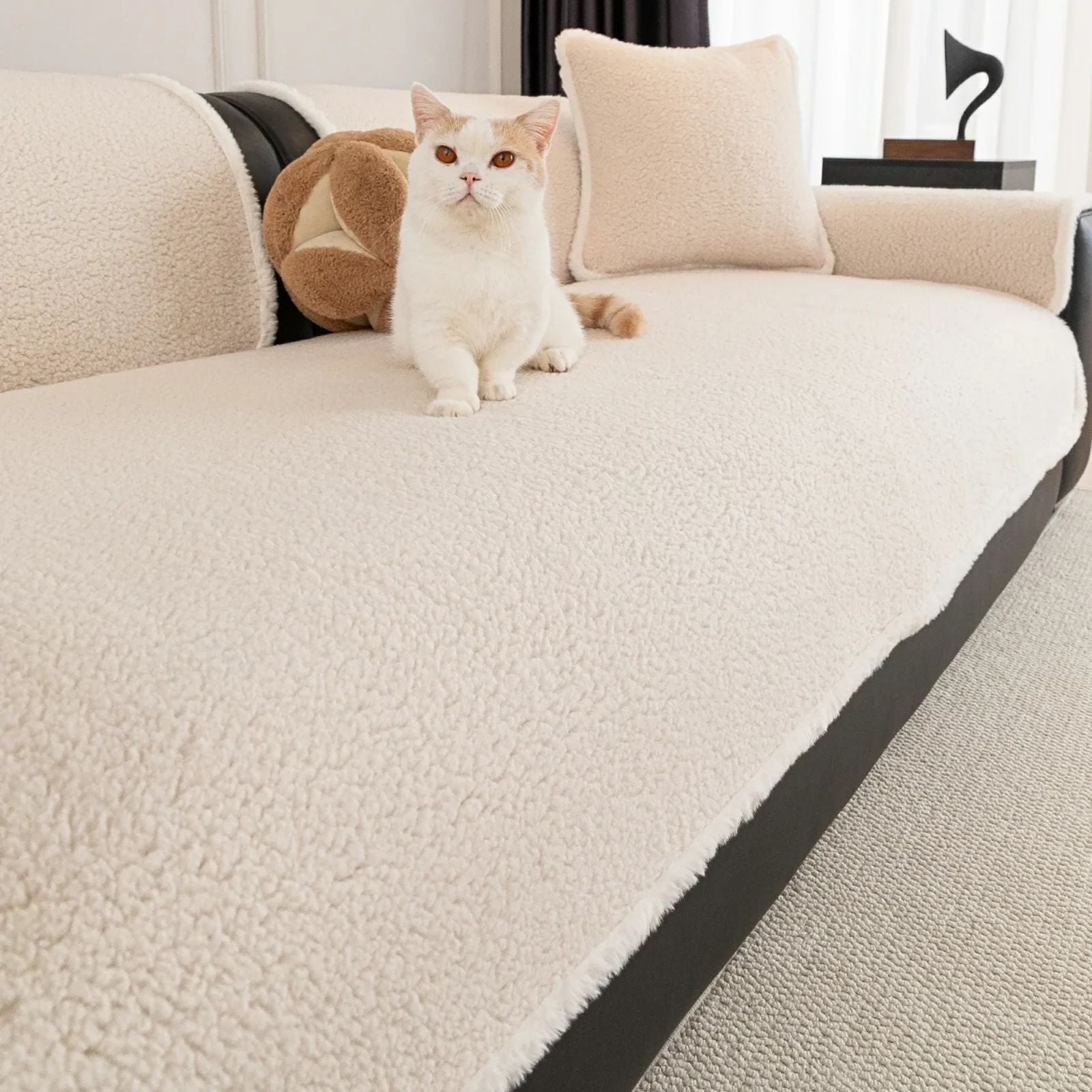 Warm Solid Sherpa Fleece Sofa Cover with Non-Slip Binding