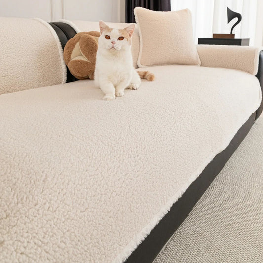 Warm Solid Sherpa Fleece Sofa Cover with Non-Slip Binding