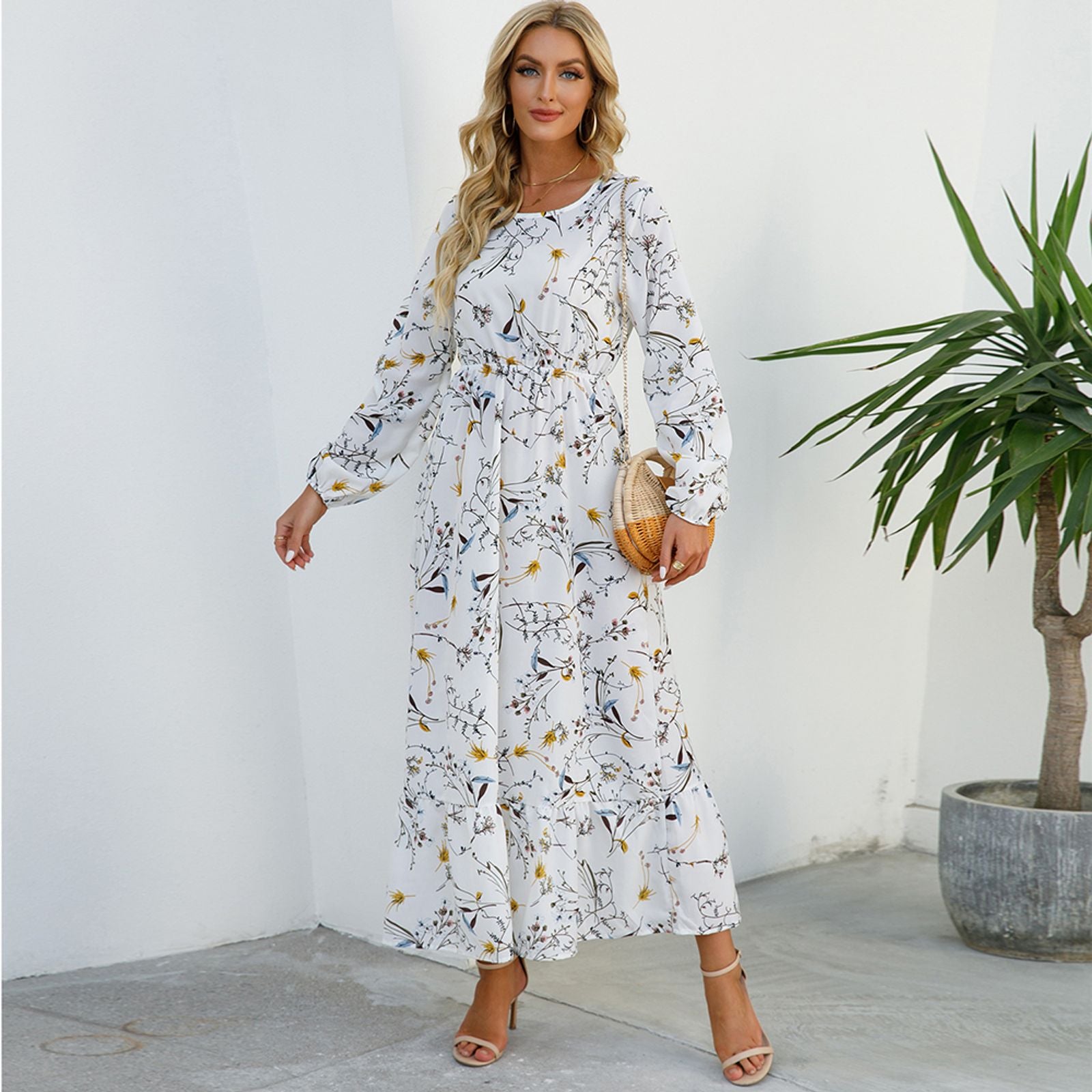 Women’s Bohemian Floral Maxi Dress with Full Sleeves