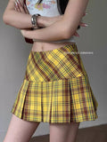 Dopamine Yellow Plaid Pleated Mini Skirt for Women