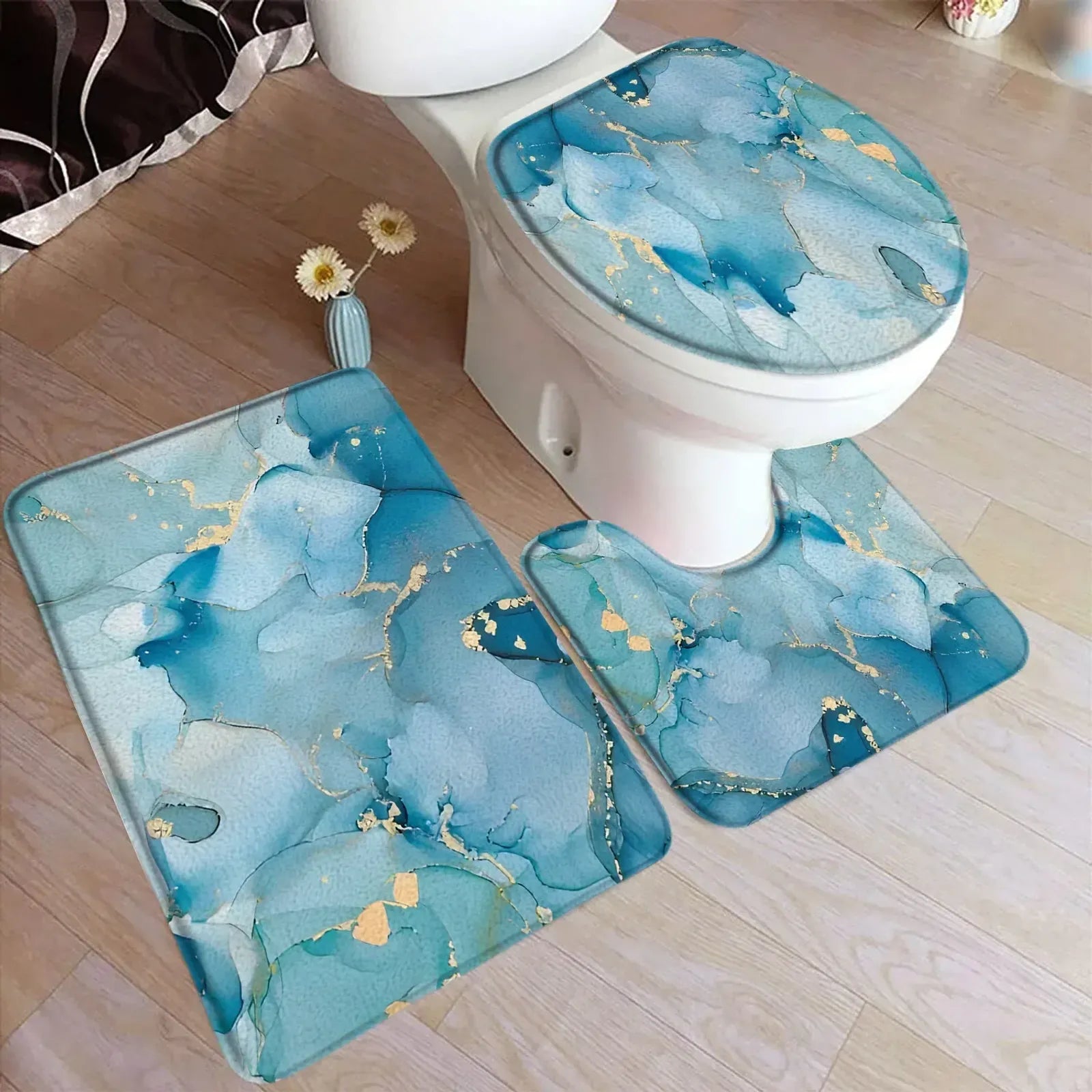 Abstract Blue Marble Bath Mat Set