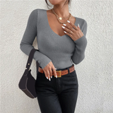 Women’s Solid Rib Knit V-Neck Stripe Sweater