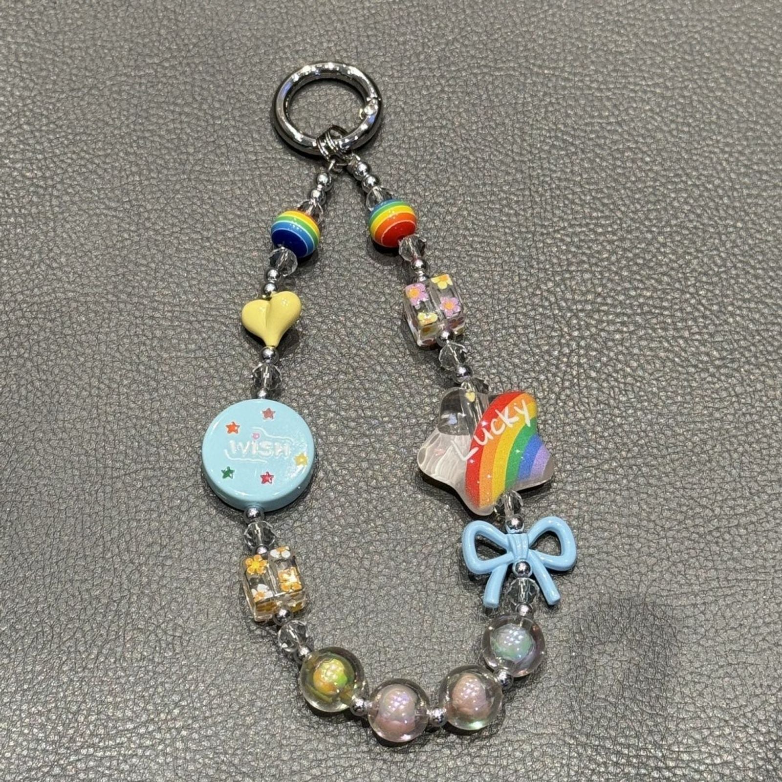 Rainbow Beaded Phone Charm with Colorful Bow and Star Design