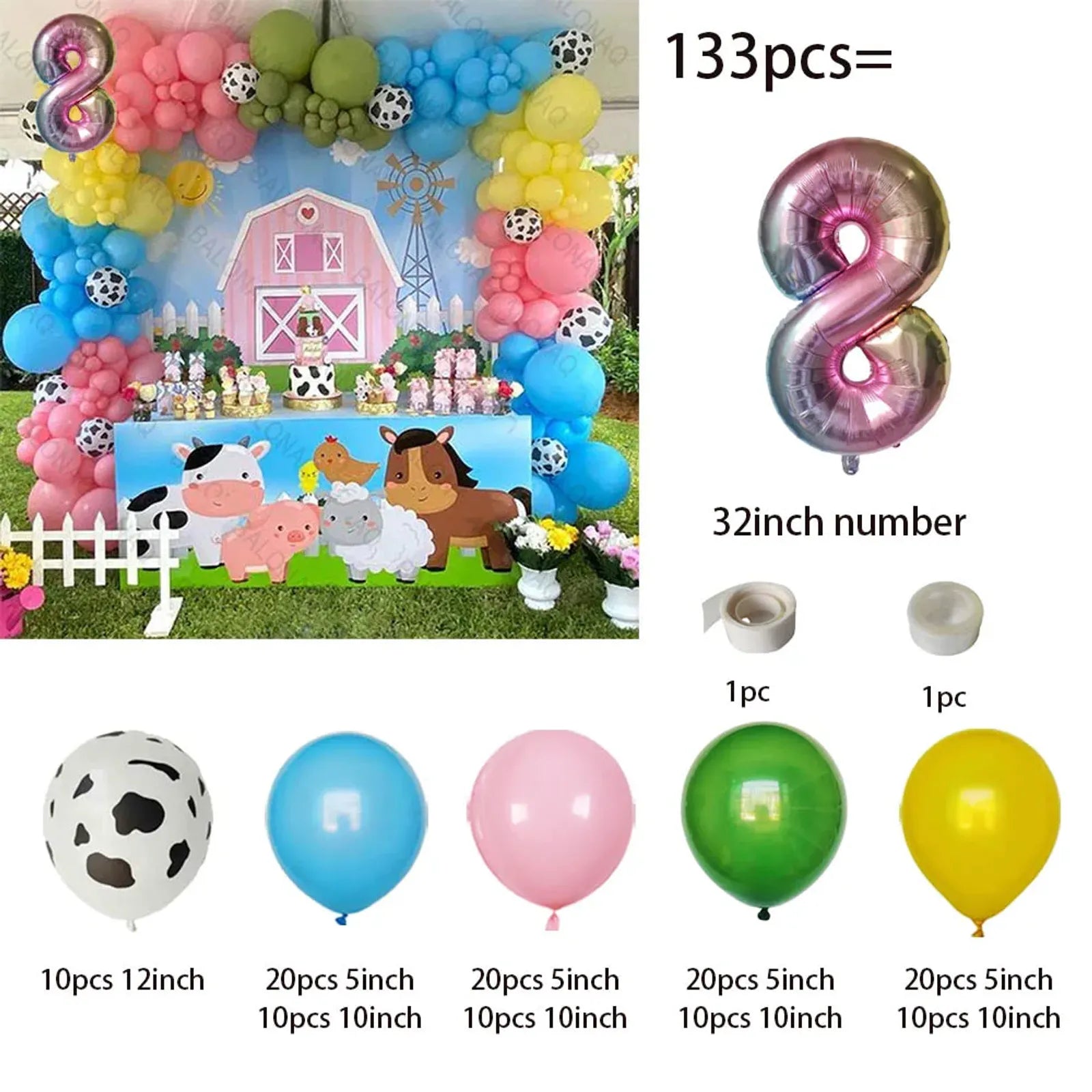 133pcs Farm Theme Cow Birthday Party Balloon Set