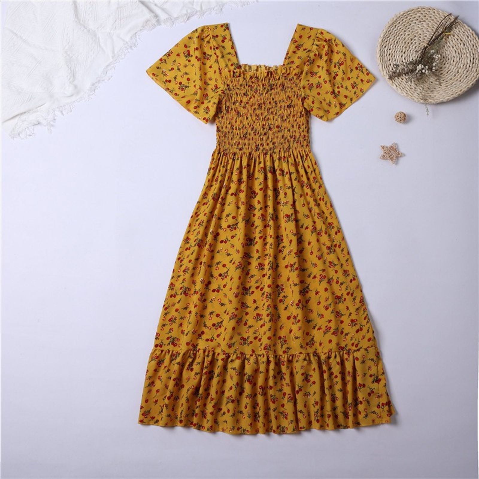 Spring Summer Floral Chiffon Midi Dress for Women
