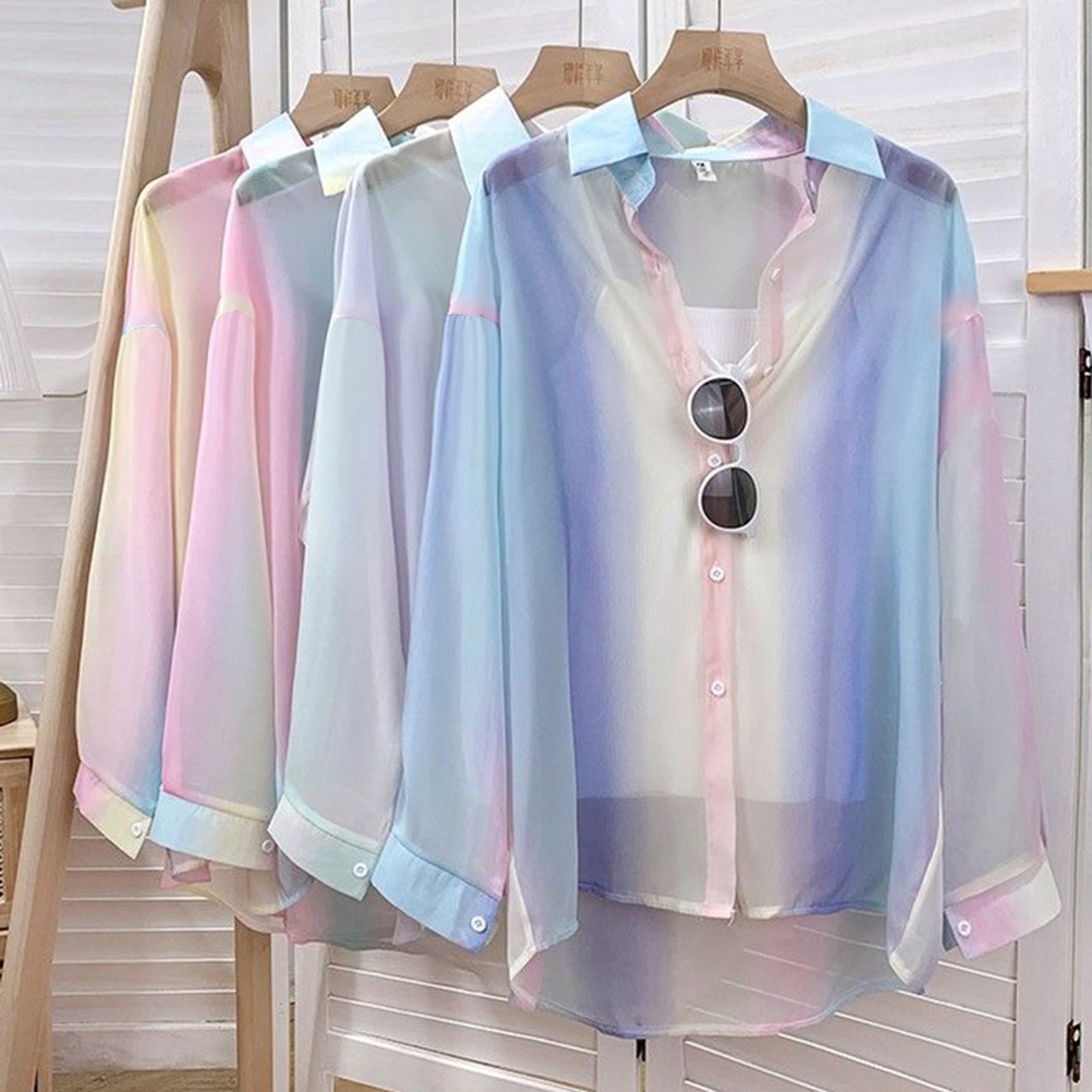 Irregular Gradient Rainbow Long Sleeve Blouse