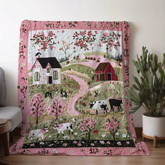 Cozy Vintage Flannel Blanket - Pink Floral Cow