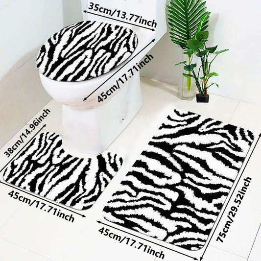 Zebra Print Bath Mat - Plush Non-Slip Toilet & U-Shaped Mat