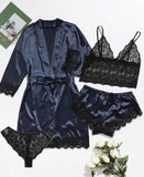 4pcs Women's Striped Lingerie Set with Lace Trim
