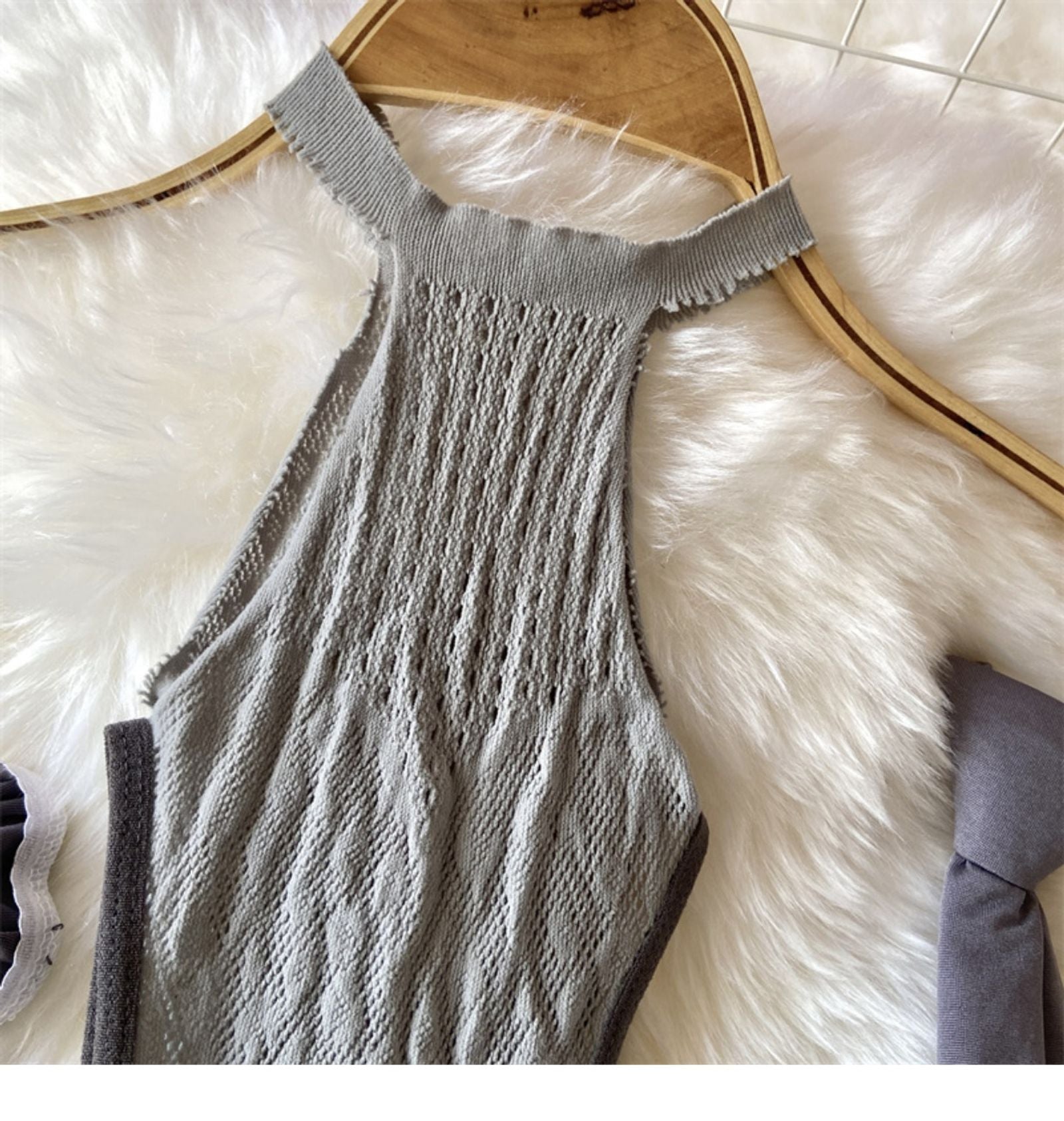 Gray Sexy Hollow Mesh Halter Mini Dress with Stockings