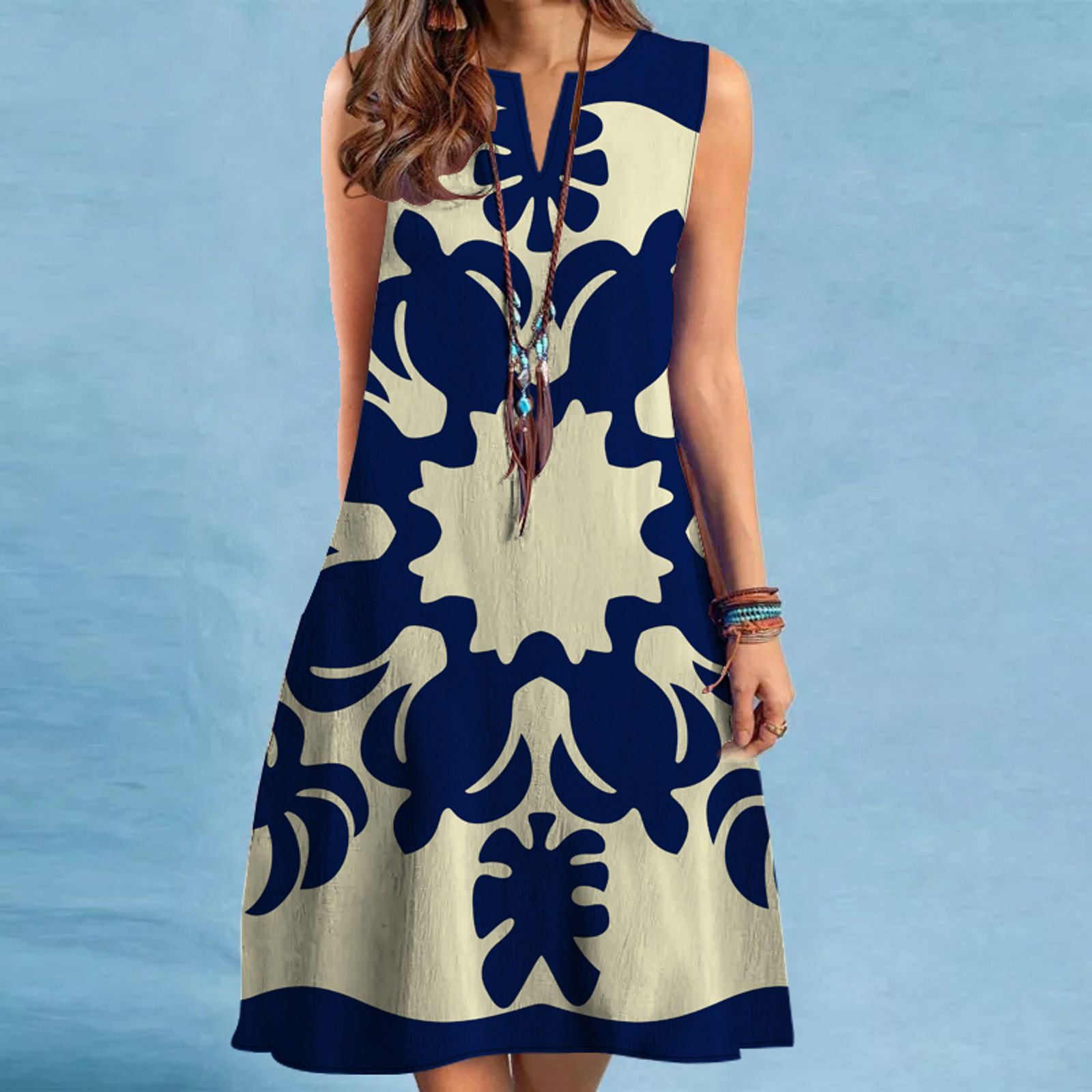 V-neck Sleeveless Printed Medium Length Dress