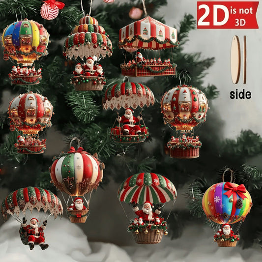 10 Pcs Christmas Wooden Hot Air Balloon and Santa Decoration