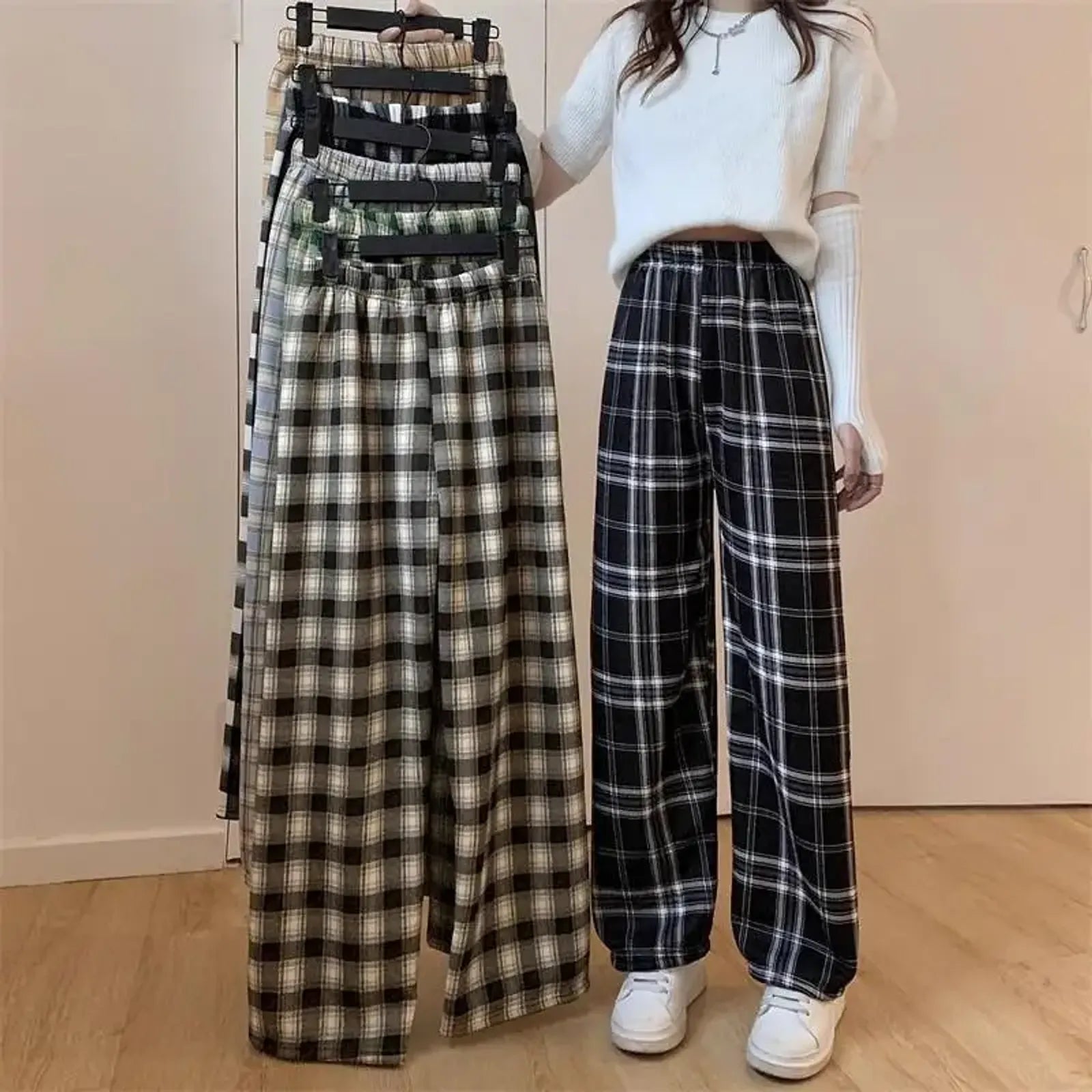 Lamb Velvet Fleece Lined Plaid Wide Leg Pants for Women