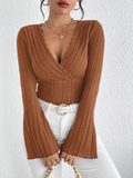 2024 Women’s V-Neck Solid Color Long Sleeve Knitted T-Shirt