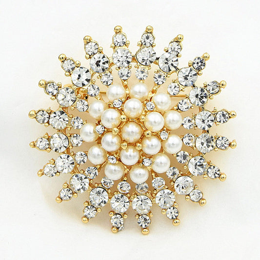 Large Rhinestone Pearl Snowflake Brooch for Women