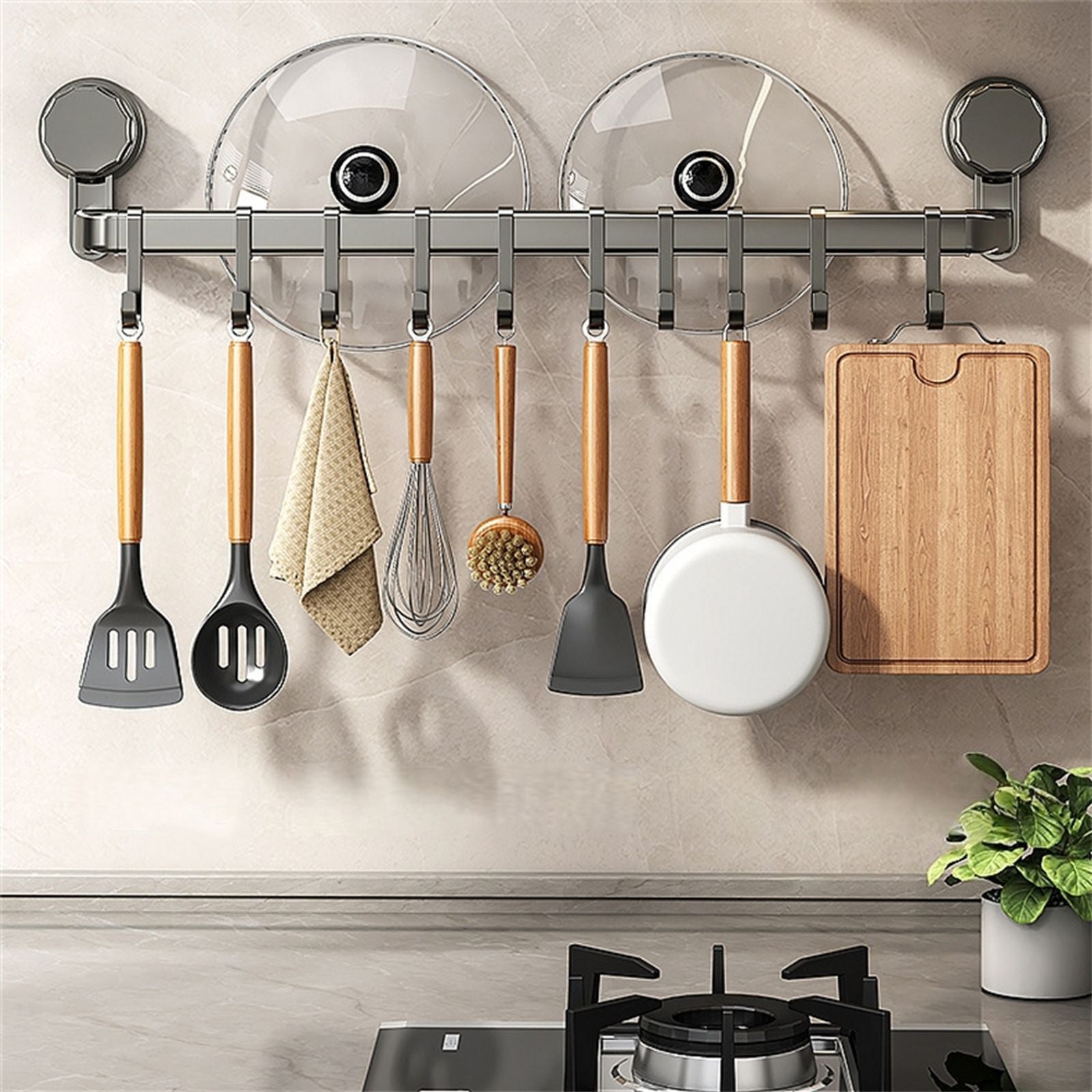 Wall-Mounted Suction Cup Hooks Kitchen Storage Rack with 10 Hooks